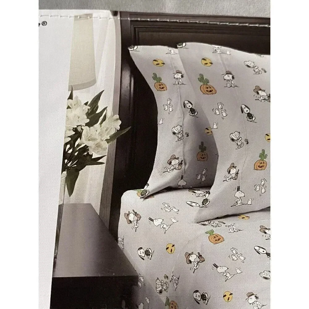 Peanuts Snoopy Halloween QUEEN Sheet Set Pumpkin Cactus Cowboy Pumpkin‎ NEW